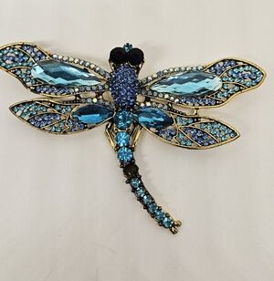 Dragonfly Brooch Pin Large Gold Plastic Acrylic Rhinestones Blue Aurora Borealis